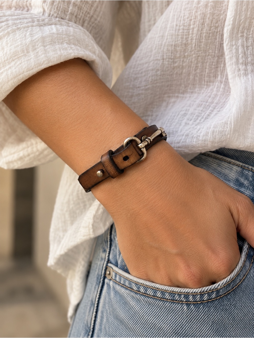 Vintage fossil silver tone and brown leather cuff bracelet